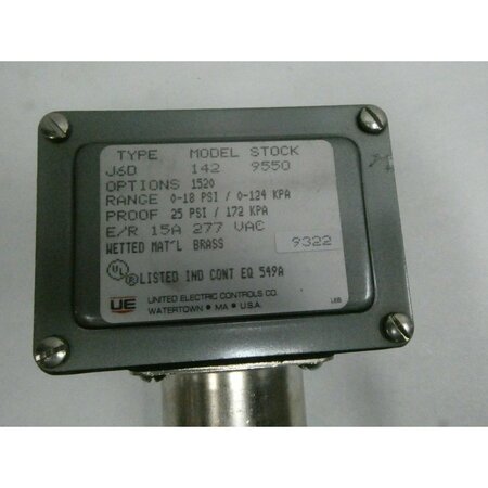 Ue United Electric 0-18PSI 277V-AC PRESSURE SWITCH J6D 142